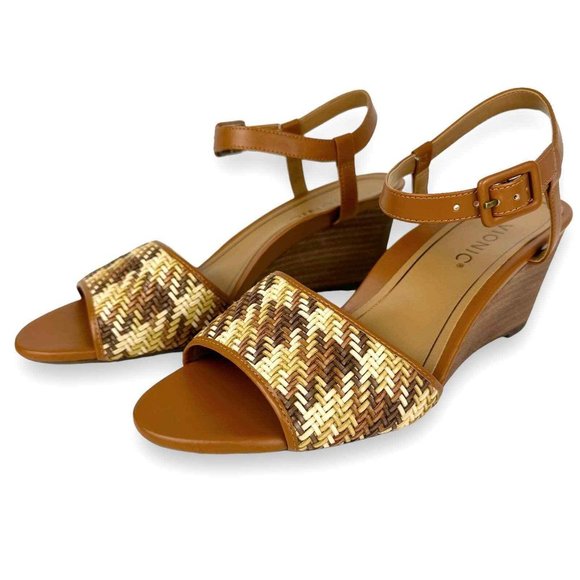 Vionic Clarita Size 10 Orthotic Strappy Brown Leather Woven T-Strap Wedge Sandal - Picture 1 of 7